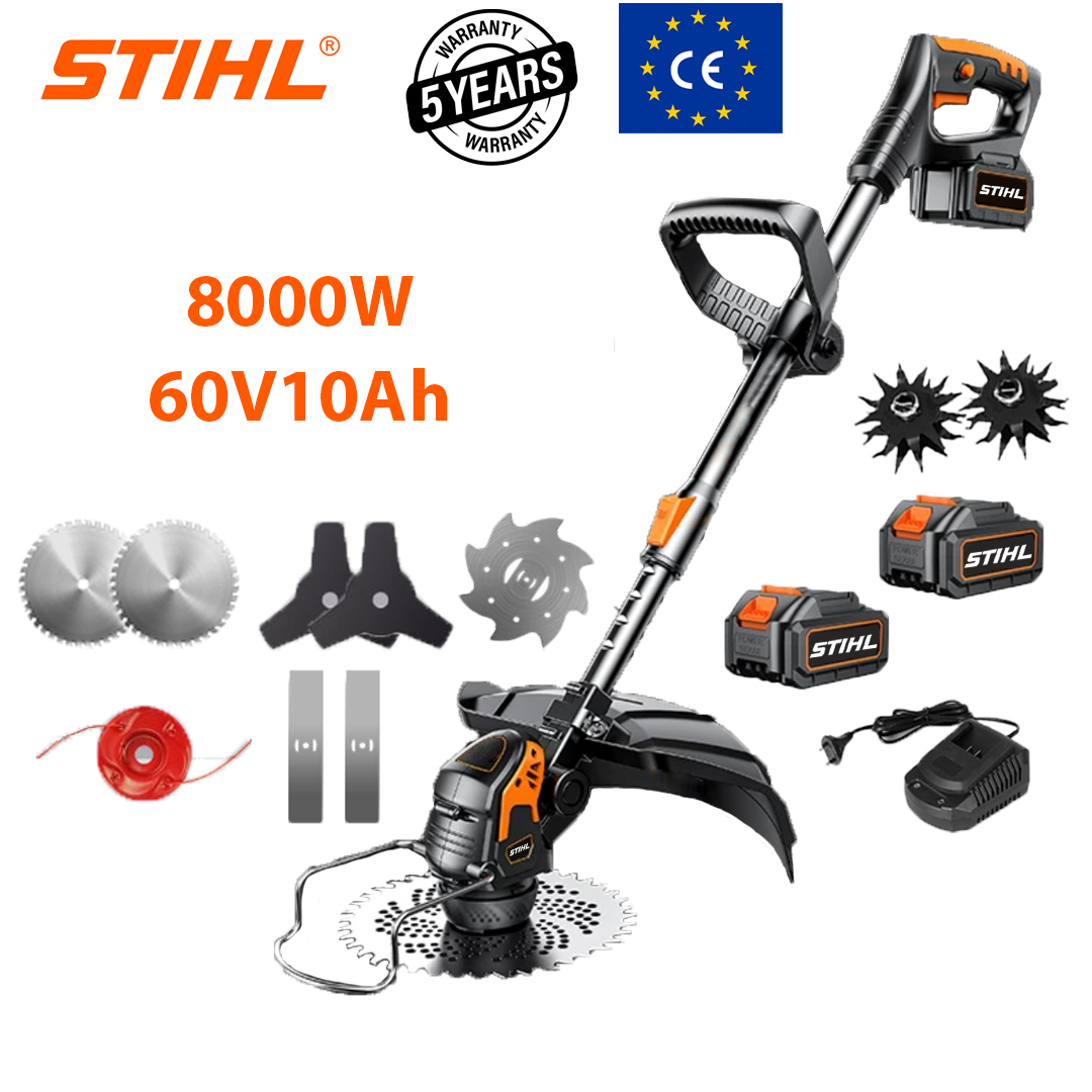Osnovna verzija: 8000 W (60 V 8 Ah litijeva baterija * 2 + aluminijska oštrica * 2 + trokutasta oštrica * 2 + ravna oštrica * 2 + aluminijsko uže za rezanje * 1 + oštrica protiv zapetljavanja * 1 + glava pluga * 2 + brzi punjač * 1)