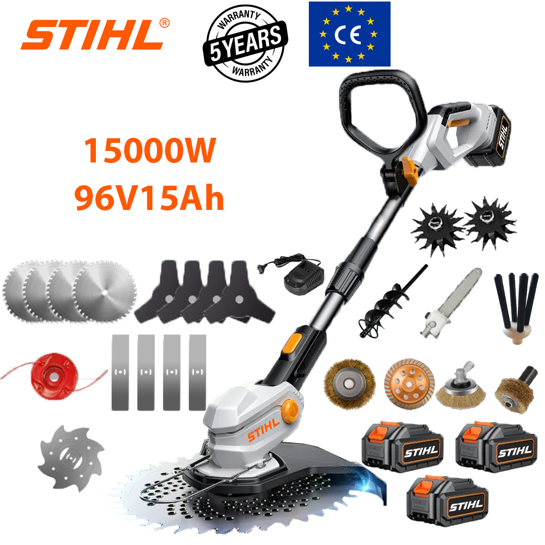 Nadograđena verzija: snaga 15000 W (s litijevom baterijom 96 V 16 Ah * 3 + aluminijska oštrica * 4 + trokutasta oštrica * 4 + ravna oštrica * 4 + aluminijsko uže za rezanje * 1 + oštrica protiv zapetljavanja * 1 + glava za plug * 2 + aluminijska glava za poliranje * 1 + velika glava žičane četke * 1 + mala glava žičane četke * 1 + glava za poliranje cijevi * 1 + glava pile * 1 + glava za branje voća * 1 + spiralna glava * 1 + brzi punjač * 1)